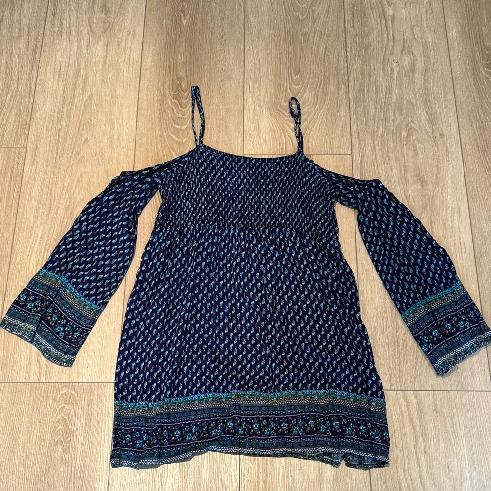 Navy Blue Patterned Cold Shoulder Dress